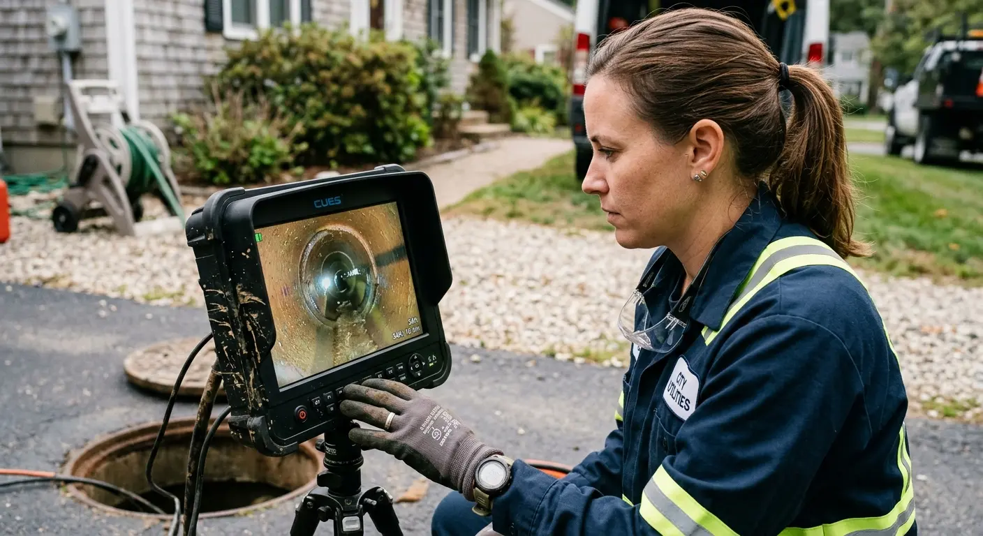 Technician reviewing sewer camera inspection footage in Lake Shore