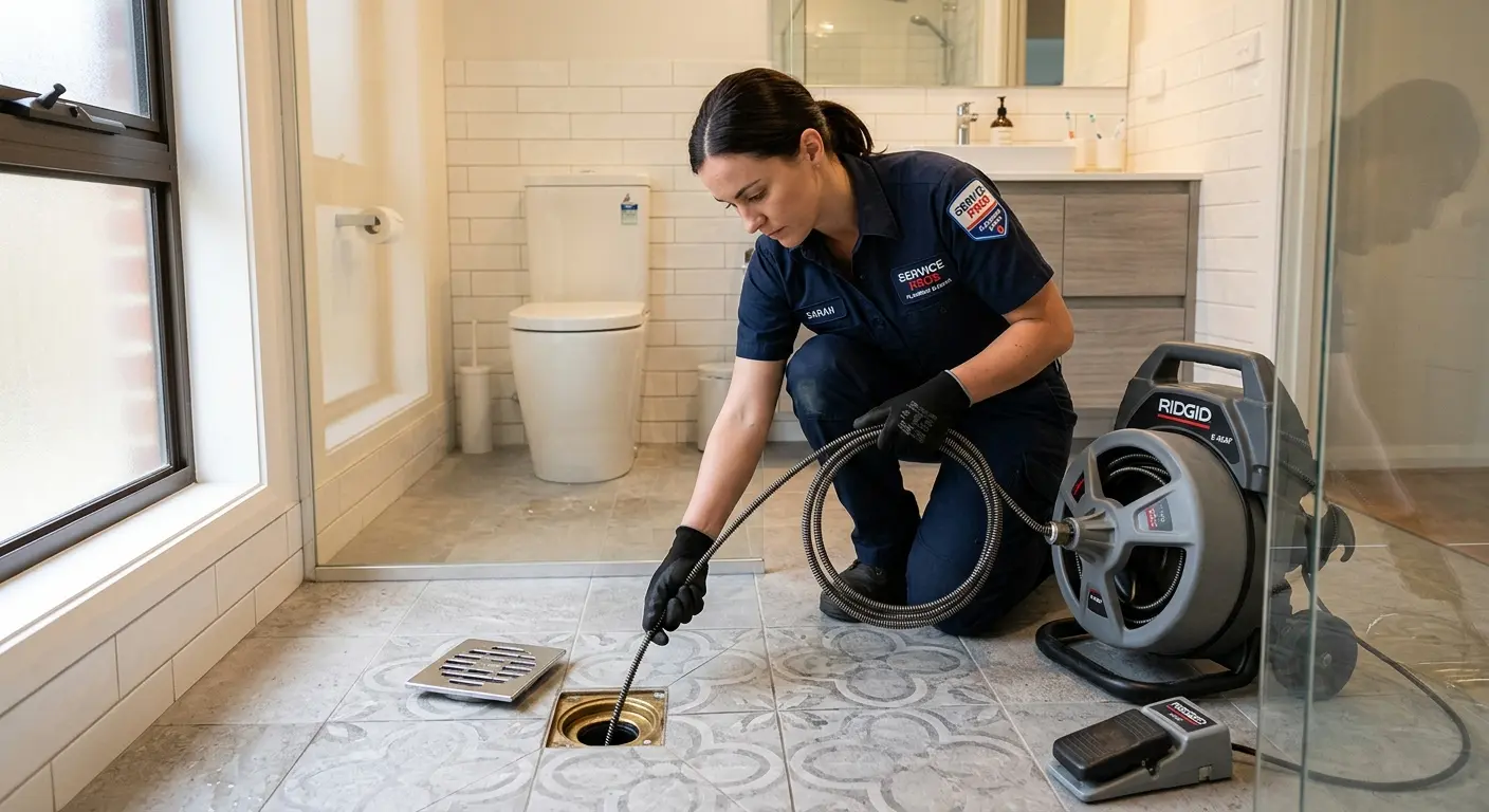 Technician clearing a bathroom floor drain for Sewer Line Installation in Lake Shore